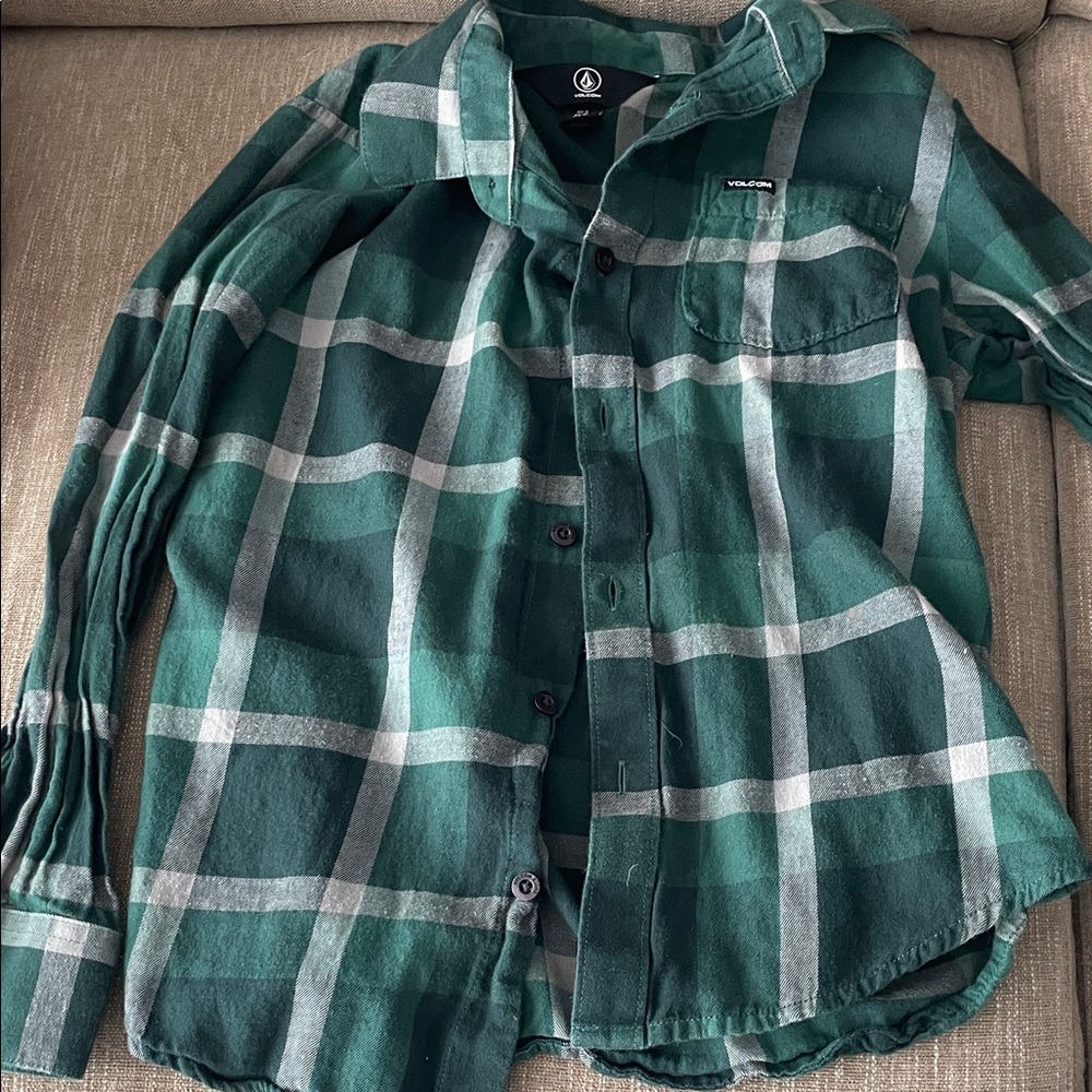 Volcom Forest Green Plaid Casual Shirt youth small